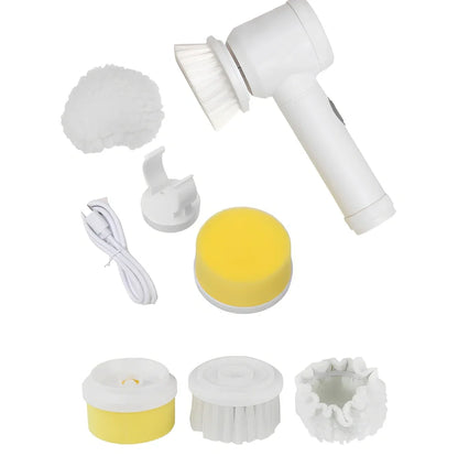 Electric cleaning brush with five interchangeable heads and rechargeable battery for kitchen and bathroom surfaces