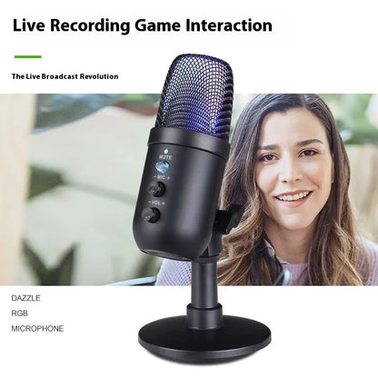 Black USB microphone with RGB lighting for computers and mobile phones.