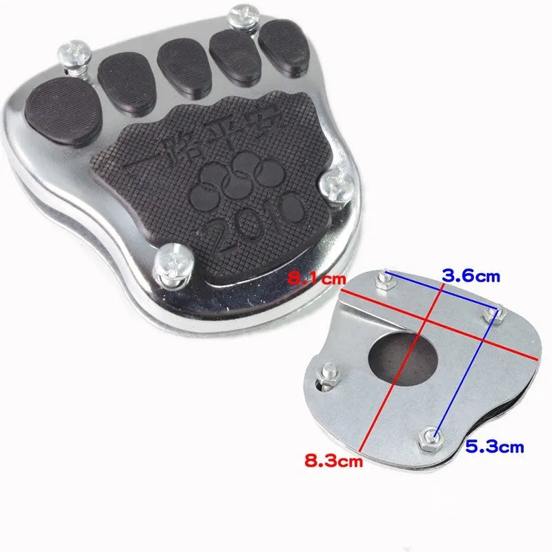 Metal motorcycle brake pedal skid plate showing three style options