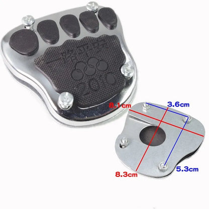 Metal motorcycle brake pedal skid plate showing three style options