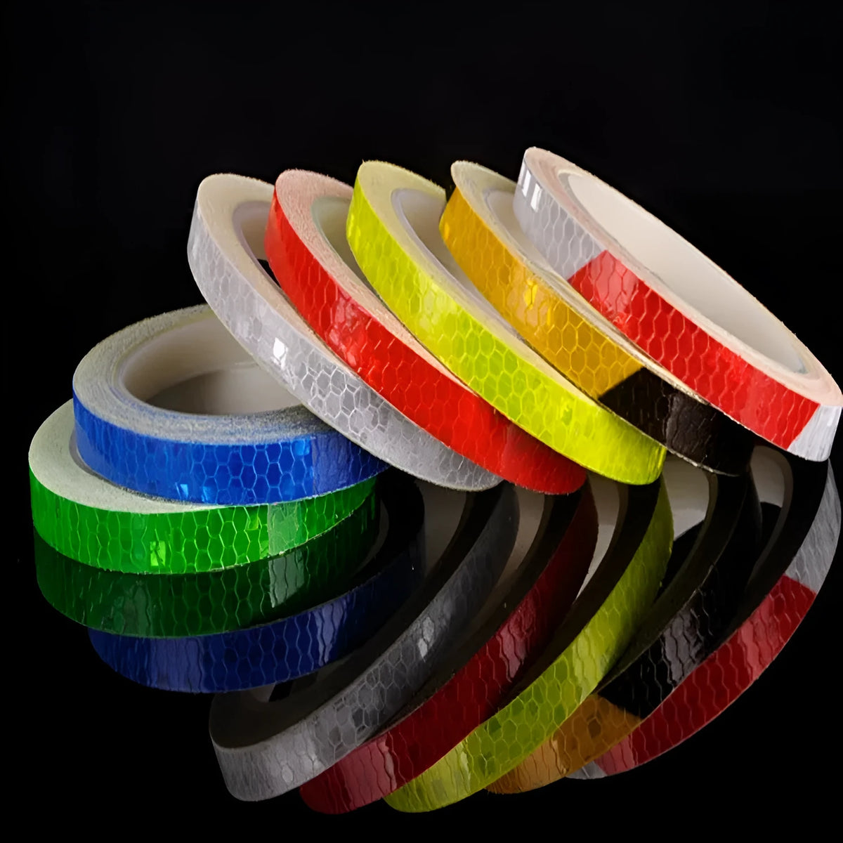 8 metre roll of reflective stickers in red, yellow, blue, green, silver, red and white, and yellow and black for car, motorcycle, and bicycle use
