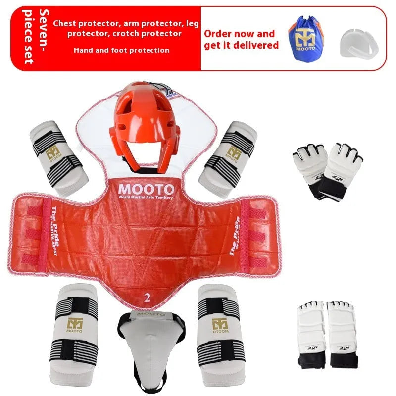Taekwondo protective gear set in red or blue with four to eight pieces and sizes from 110cm to 190cm