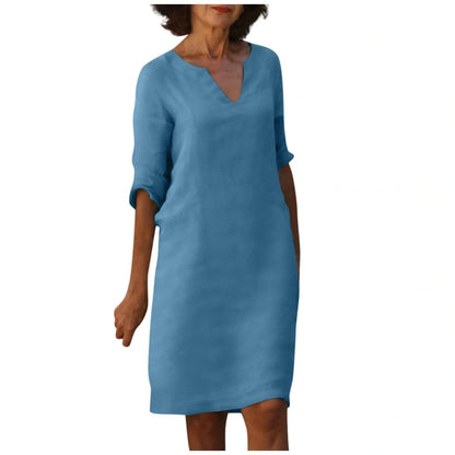 Retro cotton and linen V-neck dress with high waist and summer stitching in various colours