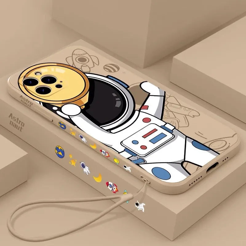 Silicone iPhone case with a cartoon astronaut and starry sky planet design.