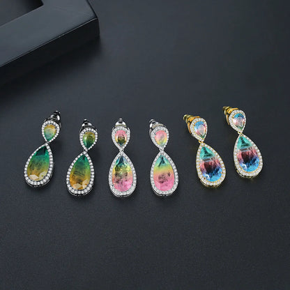 Copper inlaid synthetic gemstone drop earrings in blue, pink and yellow, fashion OL style