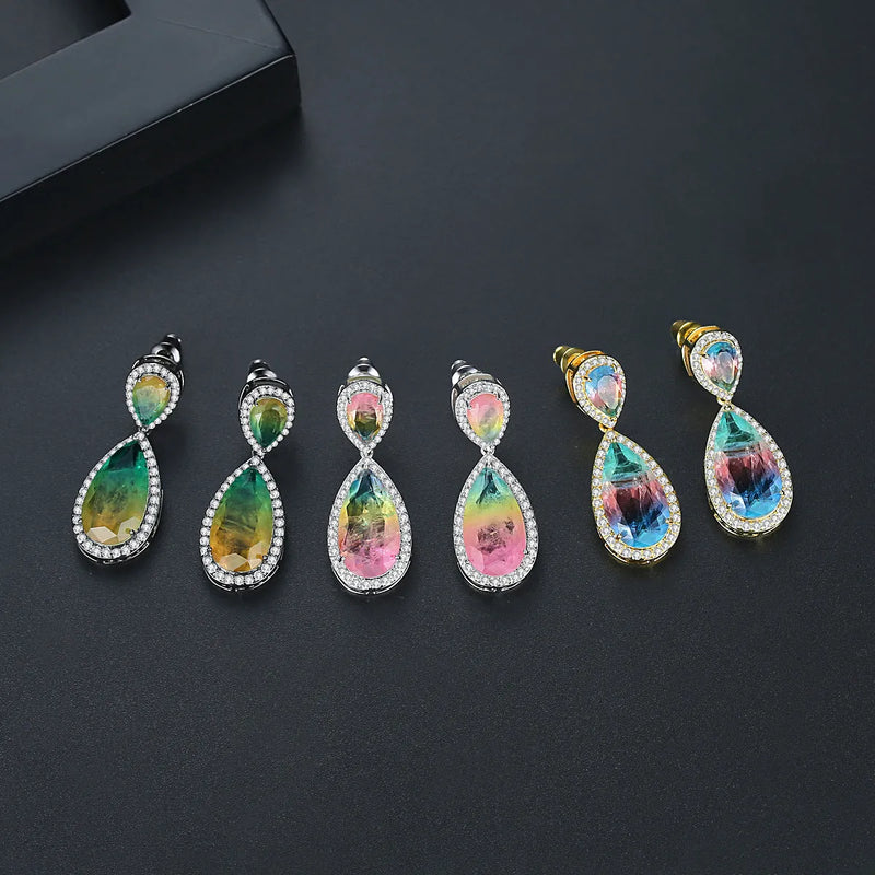 Bright Colour Gem Earrings Copper Inlaid Synthetic Gemstone Drop Earrings Fashion OL Style Blue Pink Yellow for Everyday and Office Wear