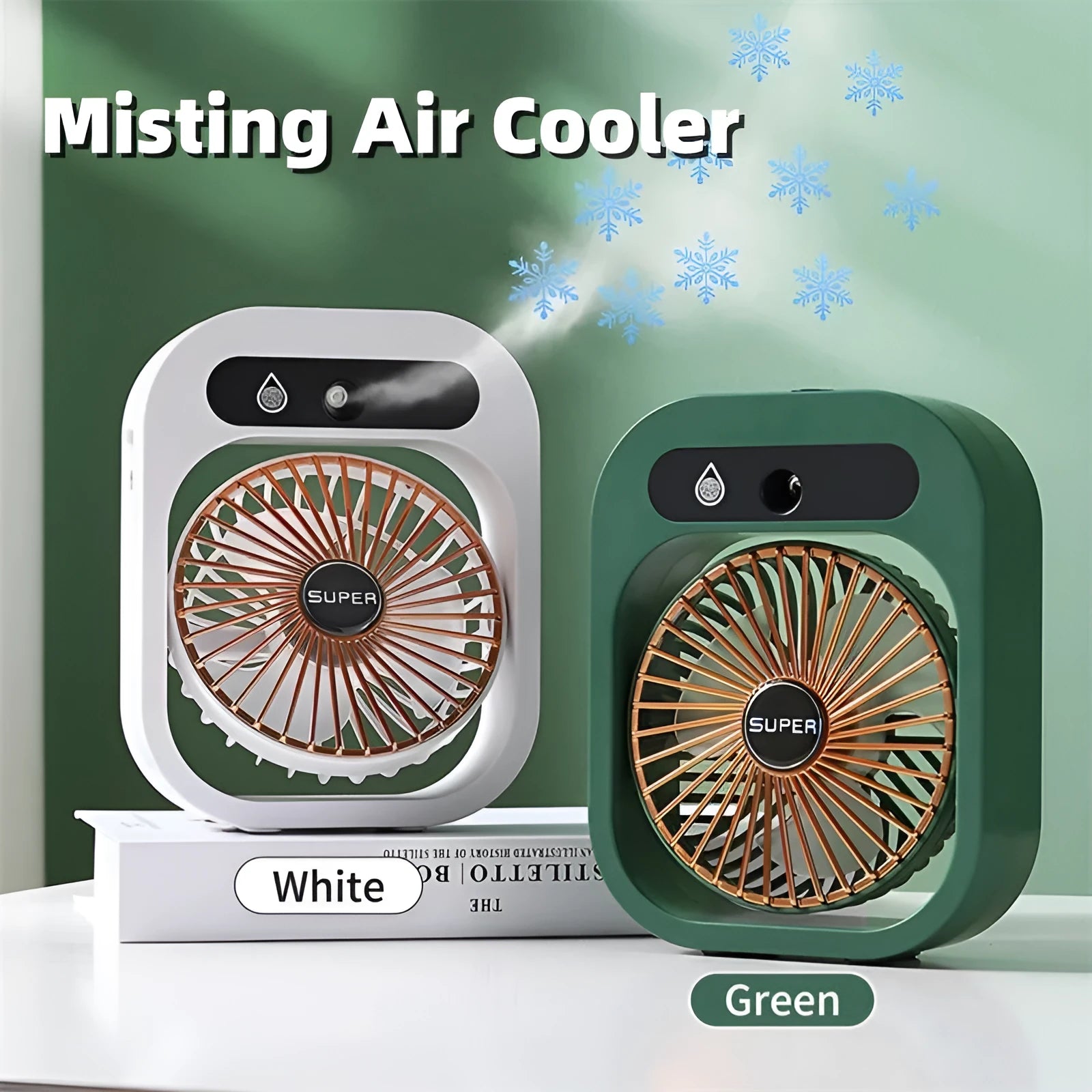 Green and white USB rechargeable misting fan humidifier with adjustable head on a desk