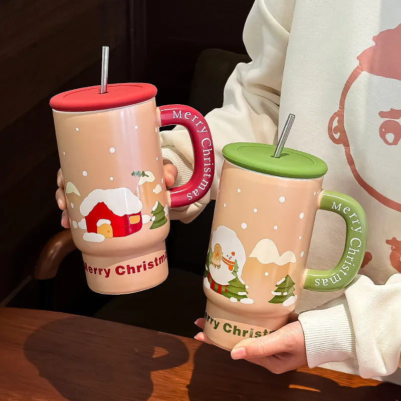 800ml white porcelain ceramic Christmas mug with cartoon pattern and cylindrical single-layer body