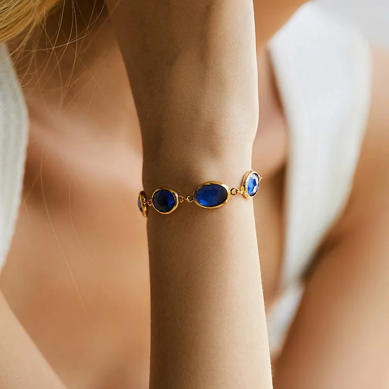 Geometric ellipse bracelet with glass inlay on 18K copper in blue, green, multicolor