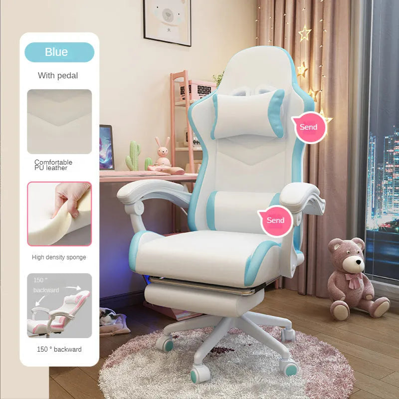 Blue rotatable reclining gaming chair for a girls bedroom with a five-star nylon base and fixed handrails.