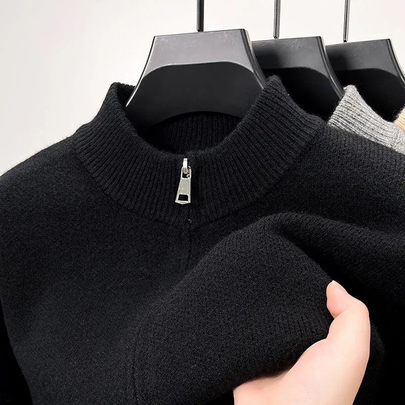 Men's grey knitted zip cardigan with stand collar showing loose fit and thickened fabric texture