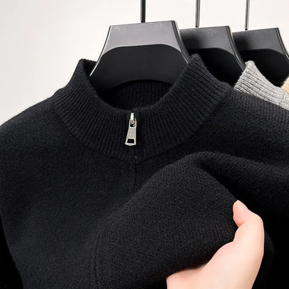 Men's grey knitted zip cardigan with stand collar showing loose fit and thickened fabric texture