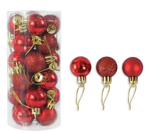 3cm diameter electroplated Christmas baubles in various metallic colours including gold, red and silver