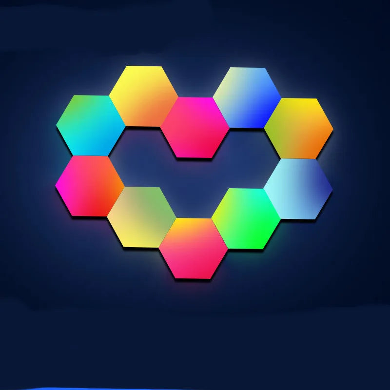 Hexagonal LED wall lamp with colour-changing quantum light panels, remote control, and 5V2A USB plug for bedroom or gaming room walls