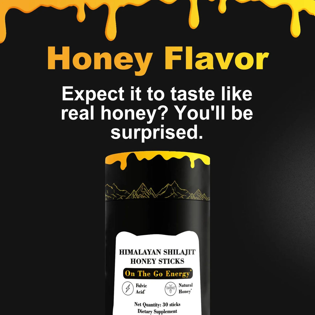 Box of 30 Himalayan Shilajit honey sticks, each 8g with Shilajit resin 400mg and saffron 2mg