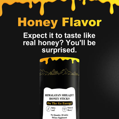 Box of 30 Himalayan Shilajit honey sticks, each 8g with Shilajit resin 400mg and saffron 2mg