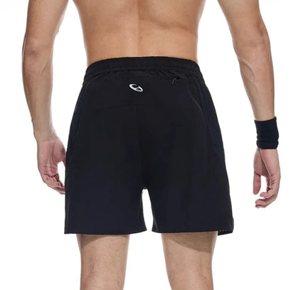 Men's black and blue stretch running shorts with laser punch stitching detail on the legs.