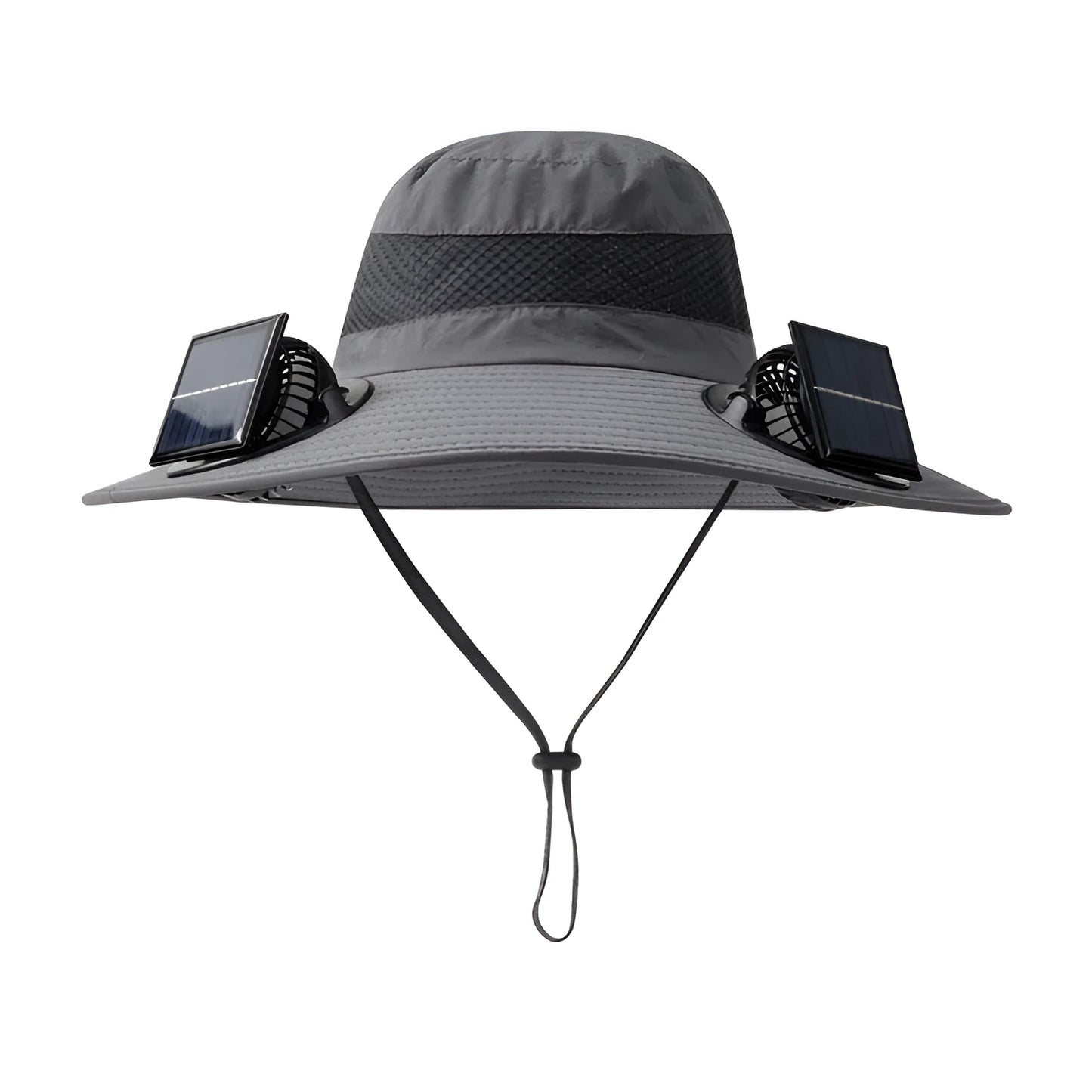 Solar-powered fan hat for men with a wide brim and adjustable chin strap, shown in a neutral colour.
