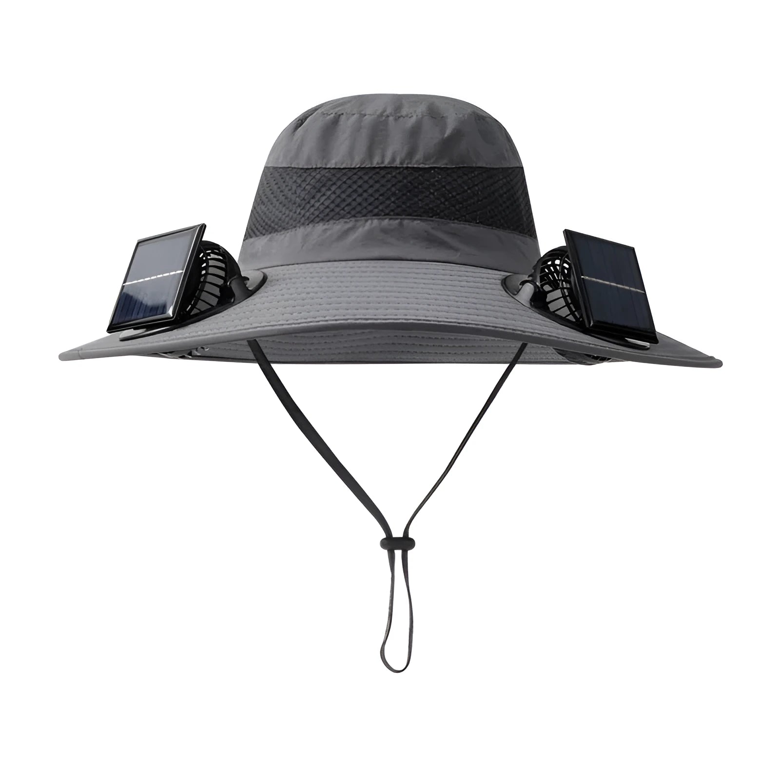 Solar-powered fan hat for men with a wide brim and adjustable chin strap, shown in a neutral colour.