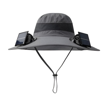 Solar-powered fan hat for men with a wide brim and adjustable chin strap, shown in a neutral colour.