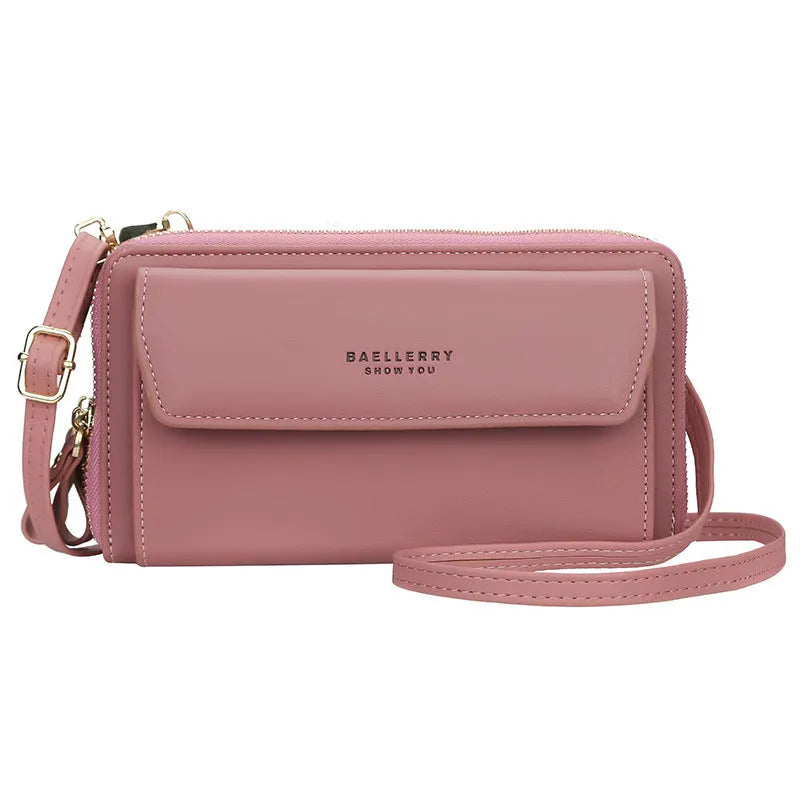 Red soft PU leather long wallet with double zipper, shown as a messenger bag.