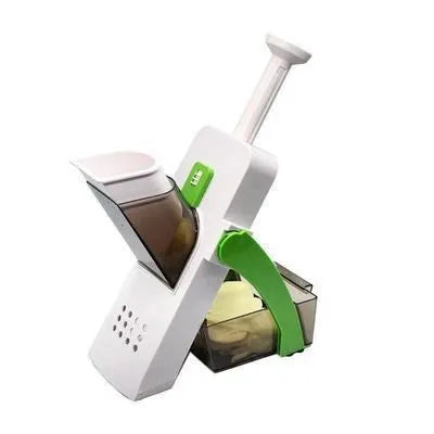 Orange multifunctional vegetable cutter kitchen tool with mandoline blades on a countertop.