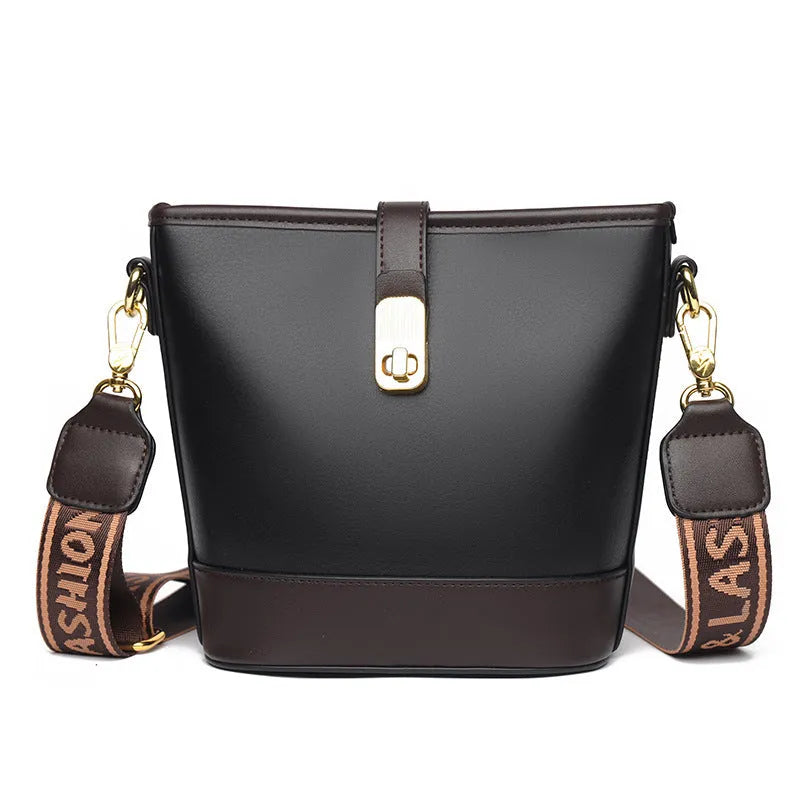 Soft black PU leather Korean style bucket bag with double shoulder straps and external pocket