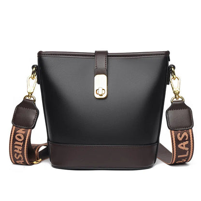 Soft black PU leather Korean style bucket bag with double shoulder straps and external pocket