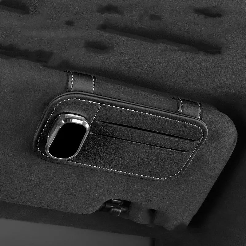Leather car sun visor card holder with glasses clip in various colours