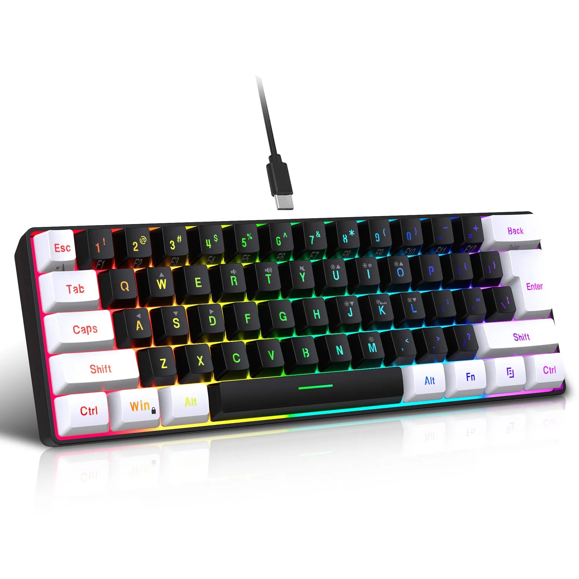 61-key wired membrane keyboard in white and black colour scheme with compact design