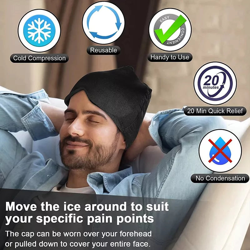 Ice Compress Headache Relief Hat in black and pink, offering 360-degree cold therapy for migraines and stress