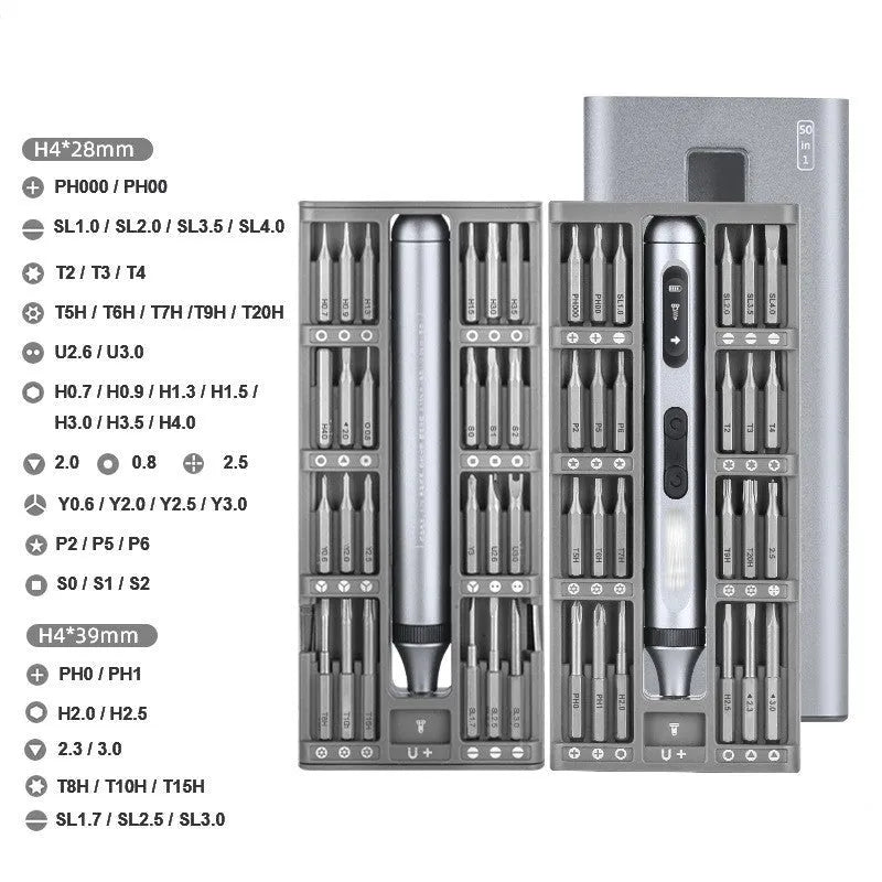 Aluminium-handle precision electric screwdriver showing compact design and charging port.