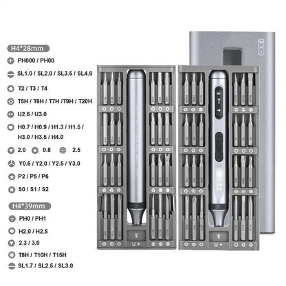 Aluminium-handle precision electric screwdriver showing compact design and charging port.