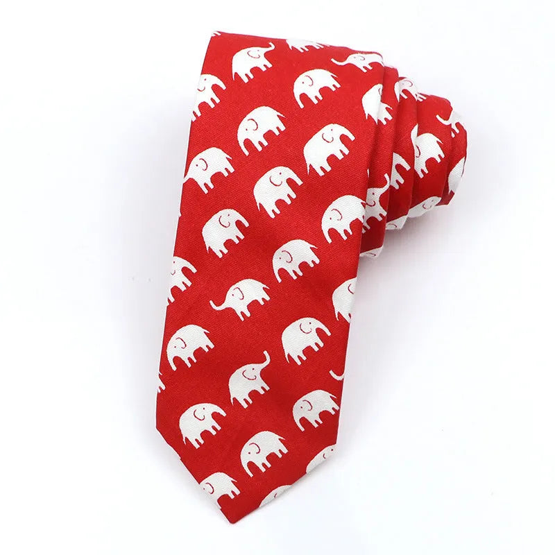 Korean style narrow men's cotton bow tie with a printed cartoon pattern on an adjustable fabric strap.