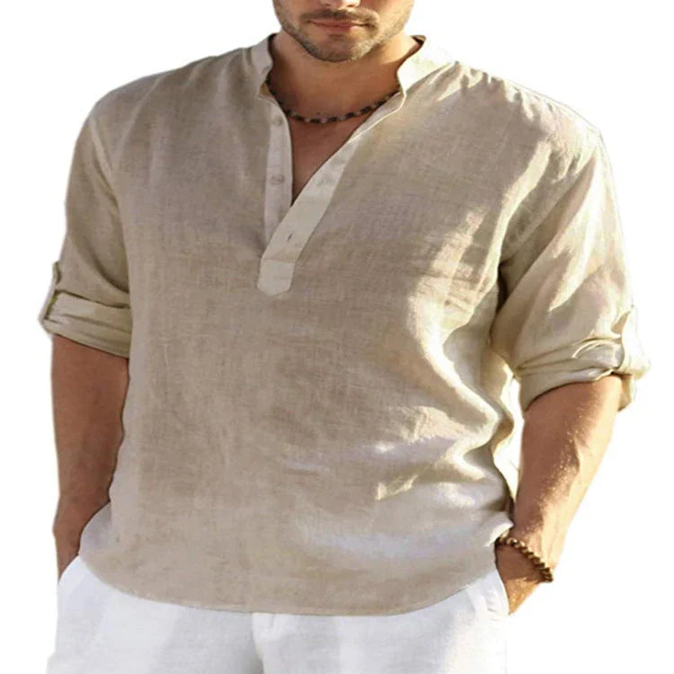 Stylish men's linen shirt with stand collar in various colours and sizes