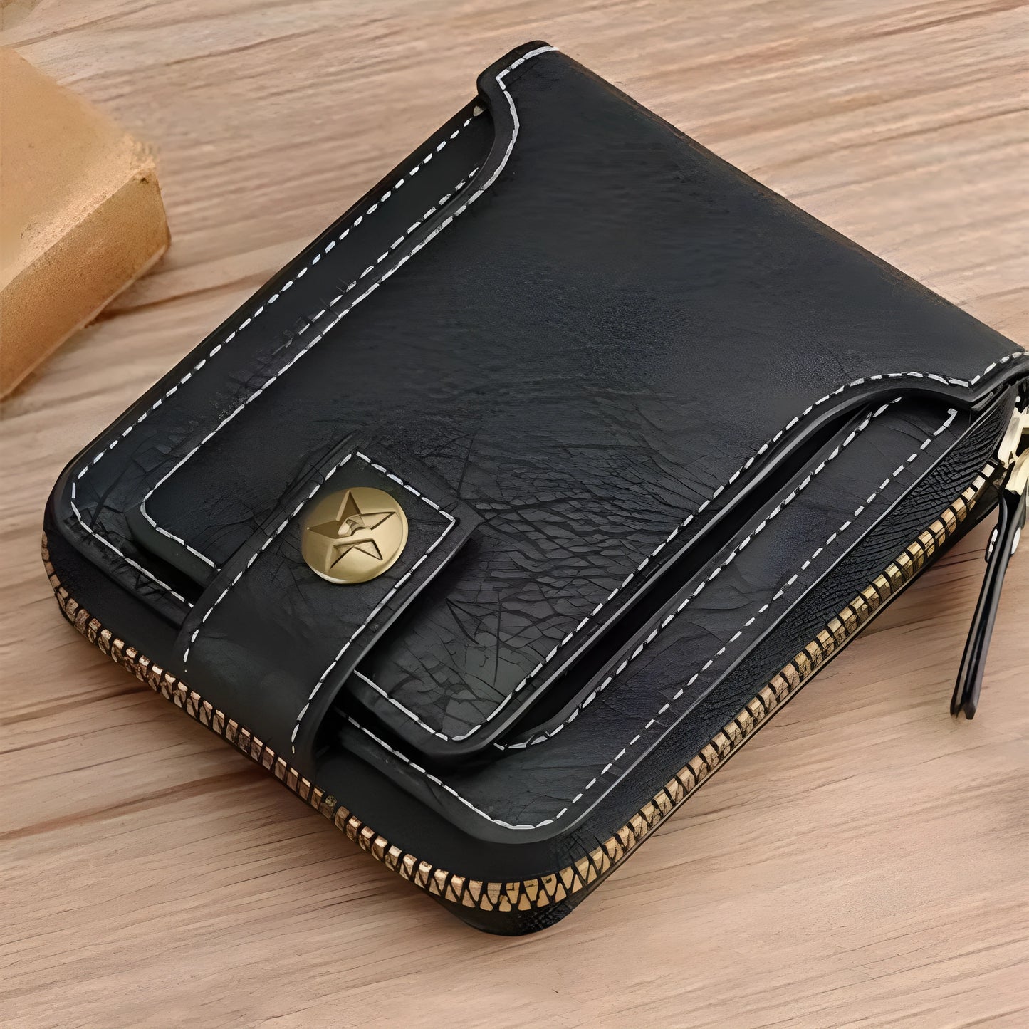 Men's short style bifold PU leather wallet in light brown, black, and dark brown colour options.