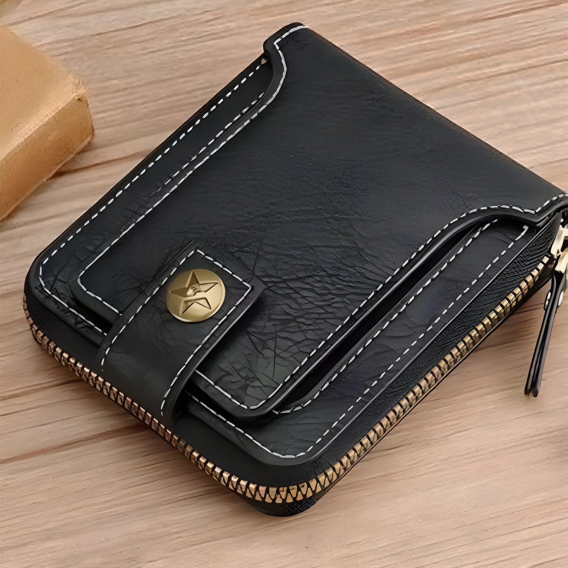 Men's short style bifold PU leather wallet in light brown, black, and dark brown colour options.