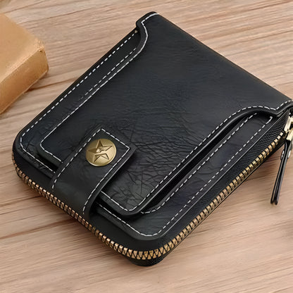 Men's short style bifold PU leather wallet in light brown, black, and dark brown colour options.