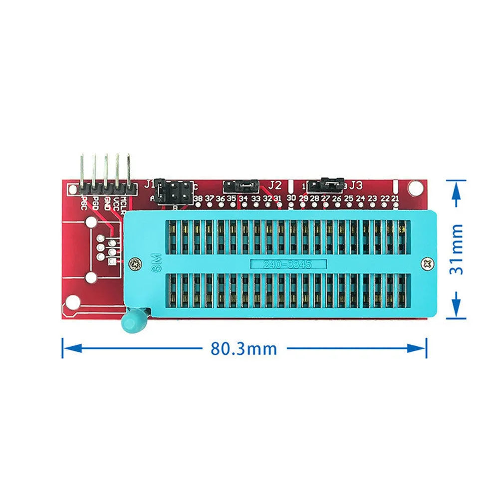 Offline simulation programmer burner unit for PIC microcontrollers, compatible with ICD2, KIT3, and KIT3.5 sockets.