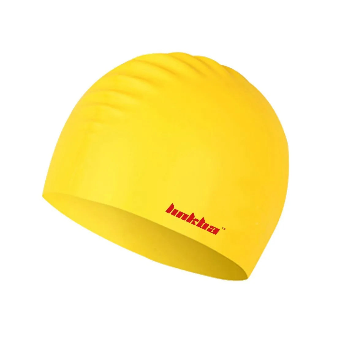 Silicone swimming cap with earmuffs in multiple colours showing letter pattern.
