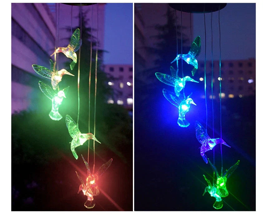 Color-changing solar-powered outdoor wind chime with hummingbird and butterfly design for patio, yard, and garden decor