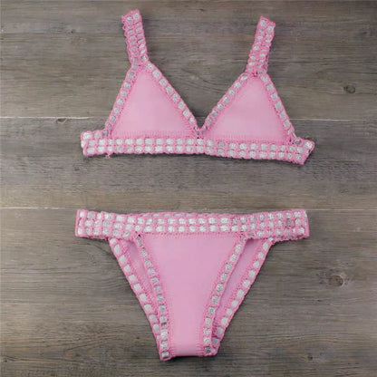 Hand crochet colourful bikini set with spell colour rubber detailing, available in multiple sizes and colours.