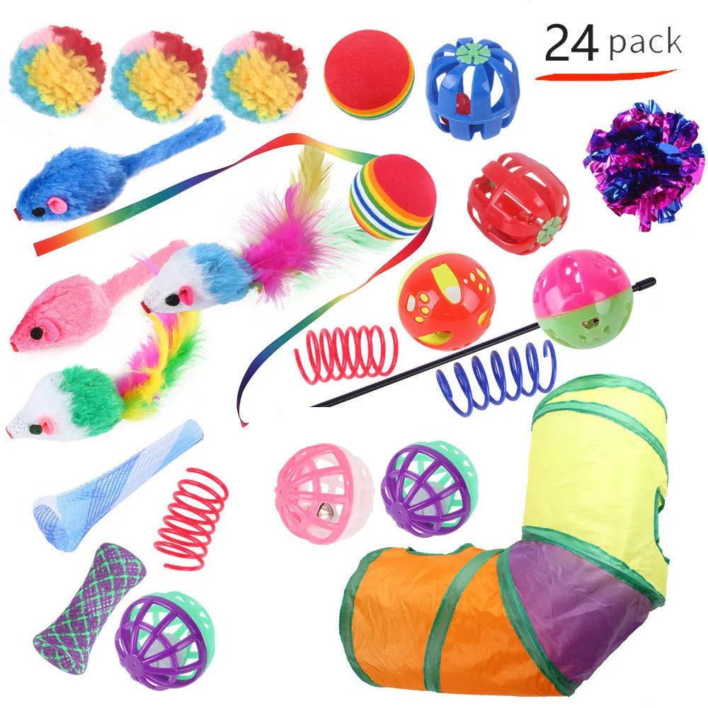 Plastic cat toy set with coloured tunnel channels and a ball for interactive indoor play.