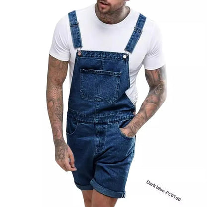 Youth denim suspenders shorts in straight-leg short length, shown in blue, with a mid-waist fit and zipper fly.