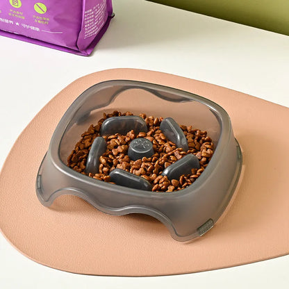 Blue plastic anti-choke slow feeder bowl for dogs on a floor