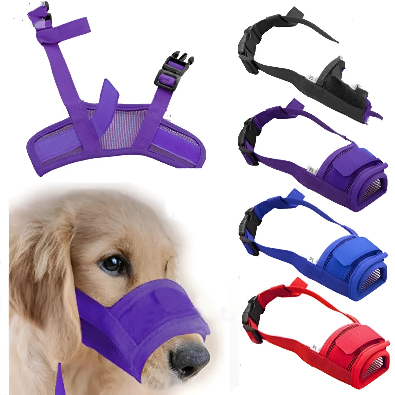 Adjustable plastic dog muzzle in various colours and sizes for behaviour management