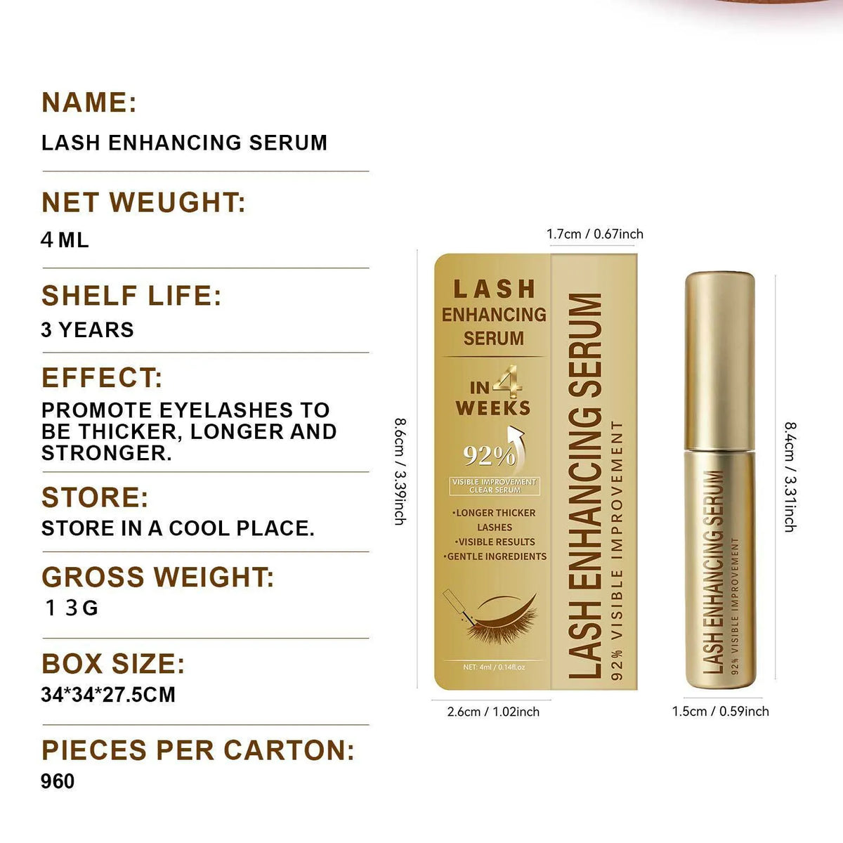 4ml eyelash growth serum in neutral packaging with applicator for lash enhancement