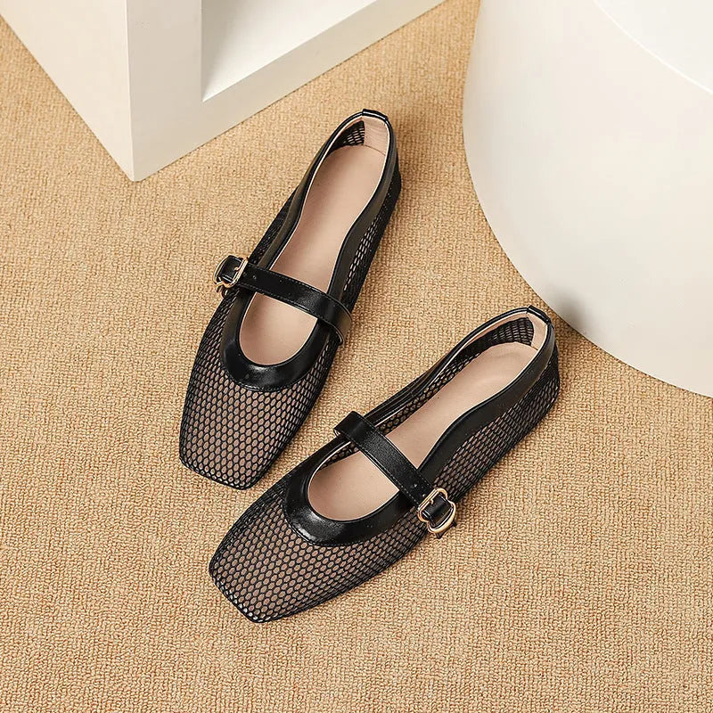 Women's beige mesh hollow out pumps with buckle fastening and square toe on a flat sole.