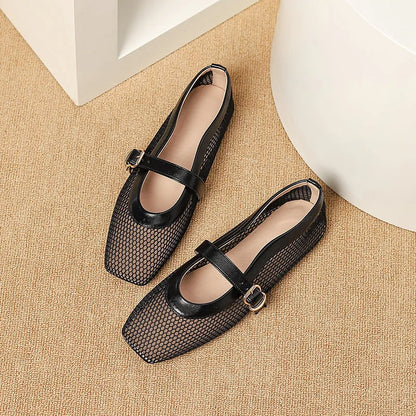 Women's beige mesh hollow out pumps with buckle fastening and square toe on a flat sole.