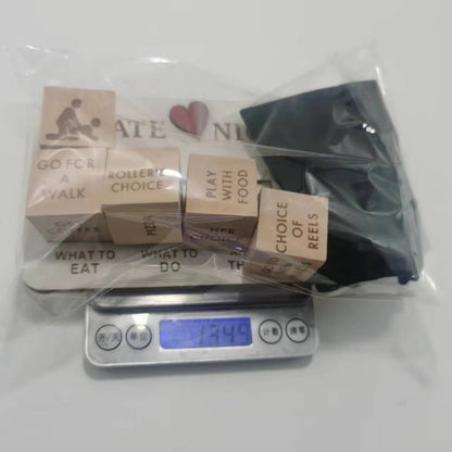 Wooden date night dice set with five 16x10cm dice, planner board, and black storage bag for couple activities